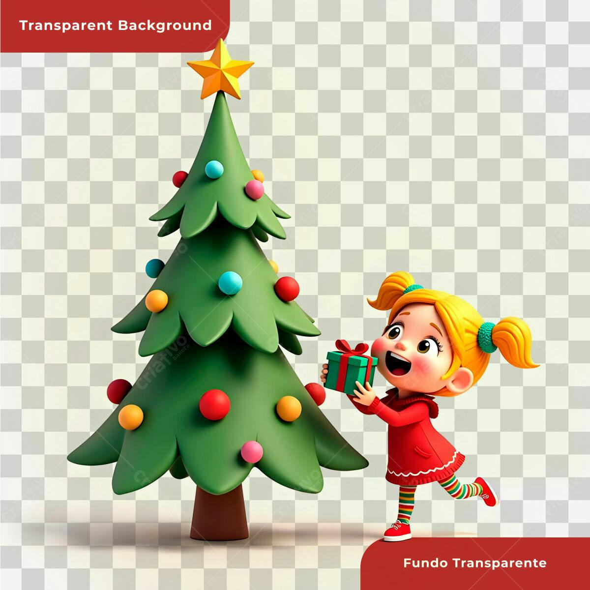 PSD Menina com Presente de Natal e Árvore PSD Editável