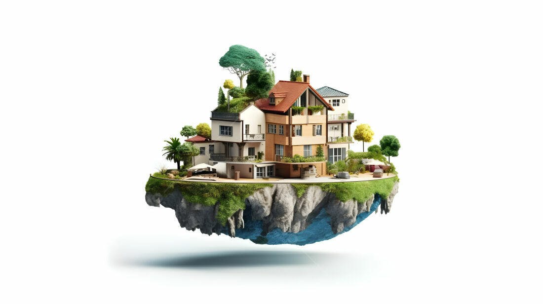 Casas em ilha flutuante cenário paradisíaco