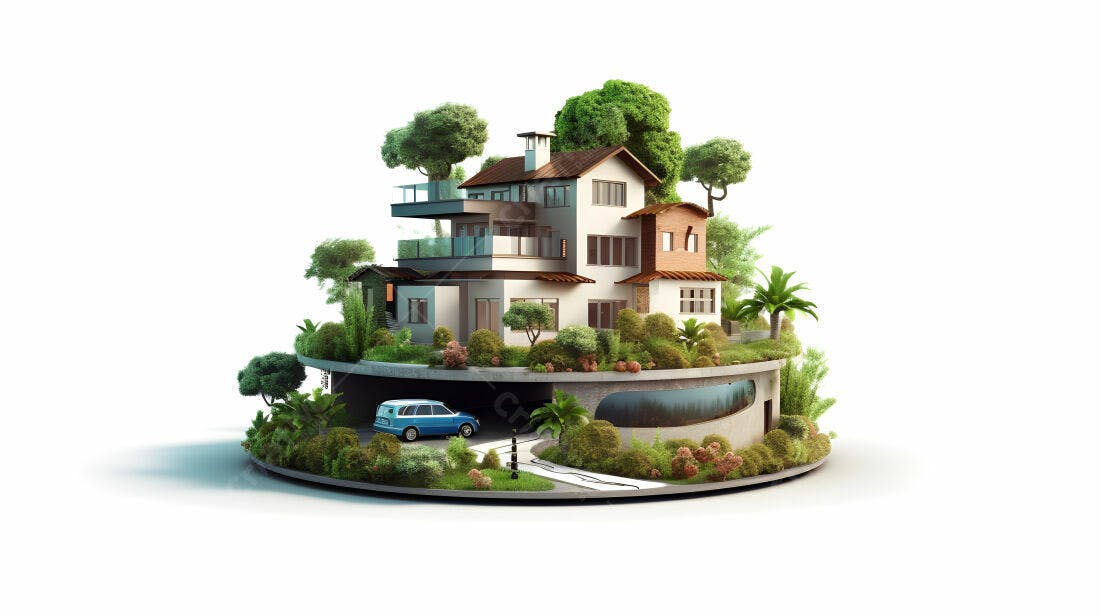 Casa moderna em ilha verde com garagem