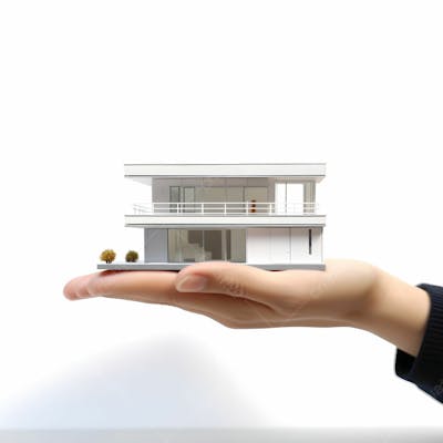  Mão segurando imóveis de casa e modelo de propriedade