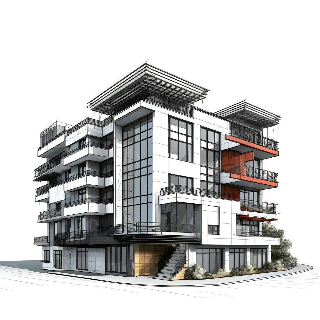 Projeto de edifício moderno branco e laranja