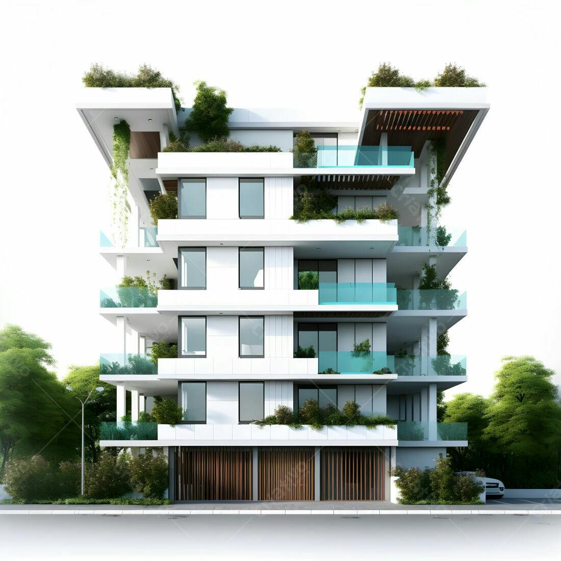 Prédio moderno branco com jardins verticais