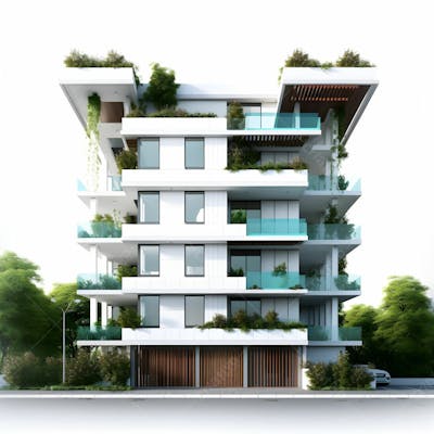 Edifício com arquitetura moderna em estilo 2d com fundo branco