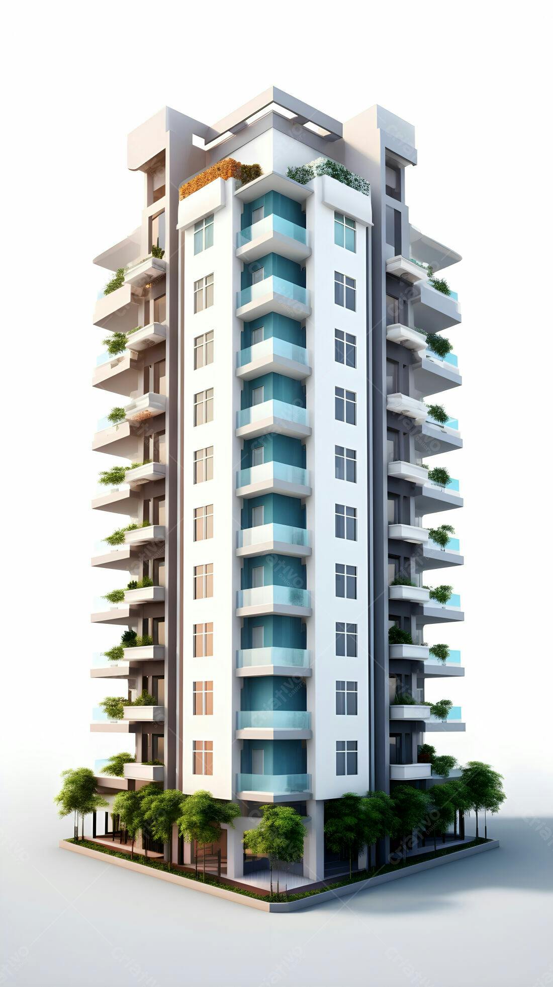 Prédio moderno com varandas e plantas