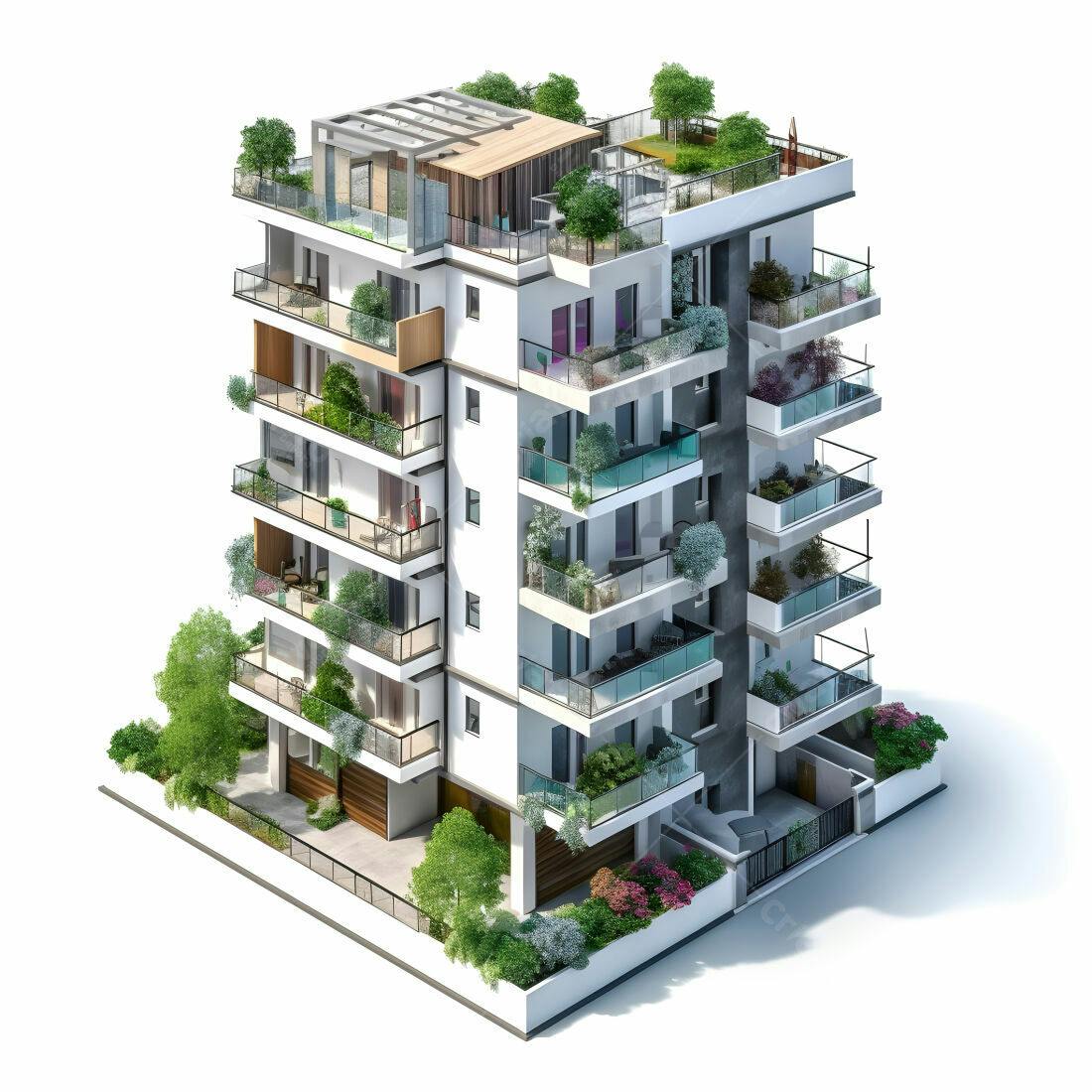 Prédio moderno com varandas e terraço verde