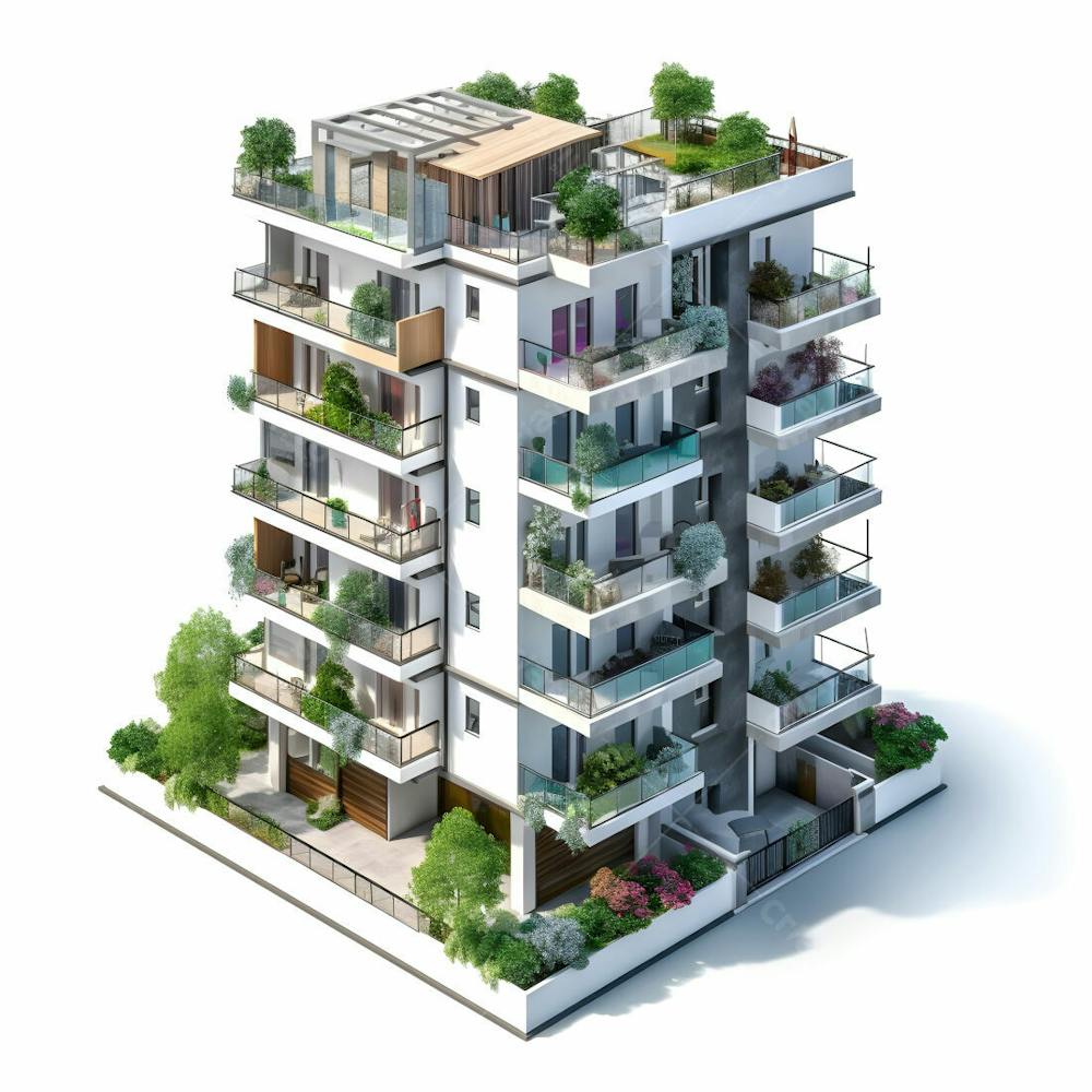 Edifício com arquitetura moderna em estilo 2d com fundo branco