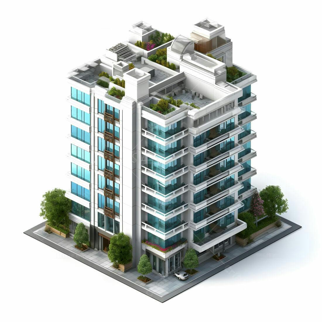 Prédio moderno com terraços e jardins