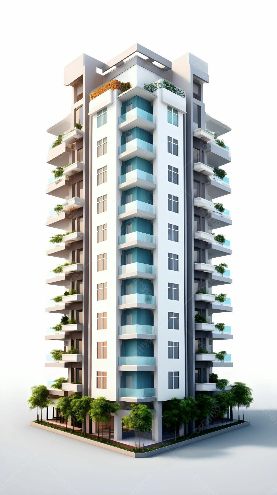 Prédio moderno branco e azul com varandas
