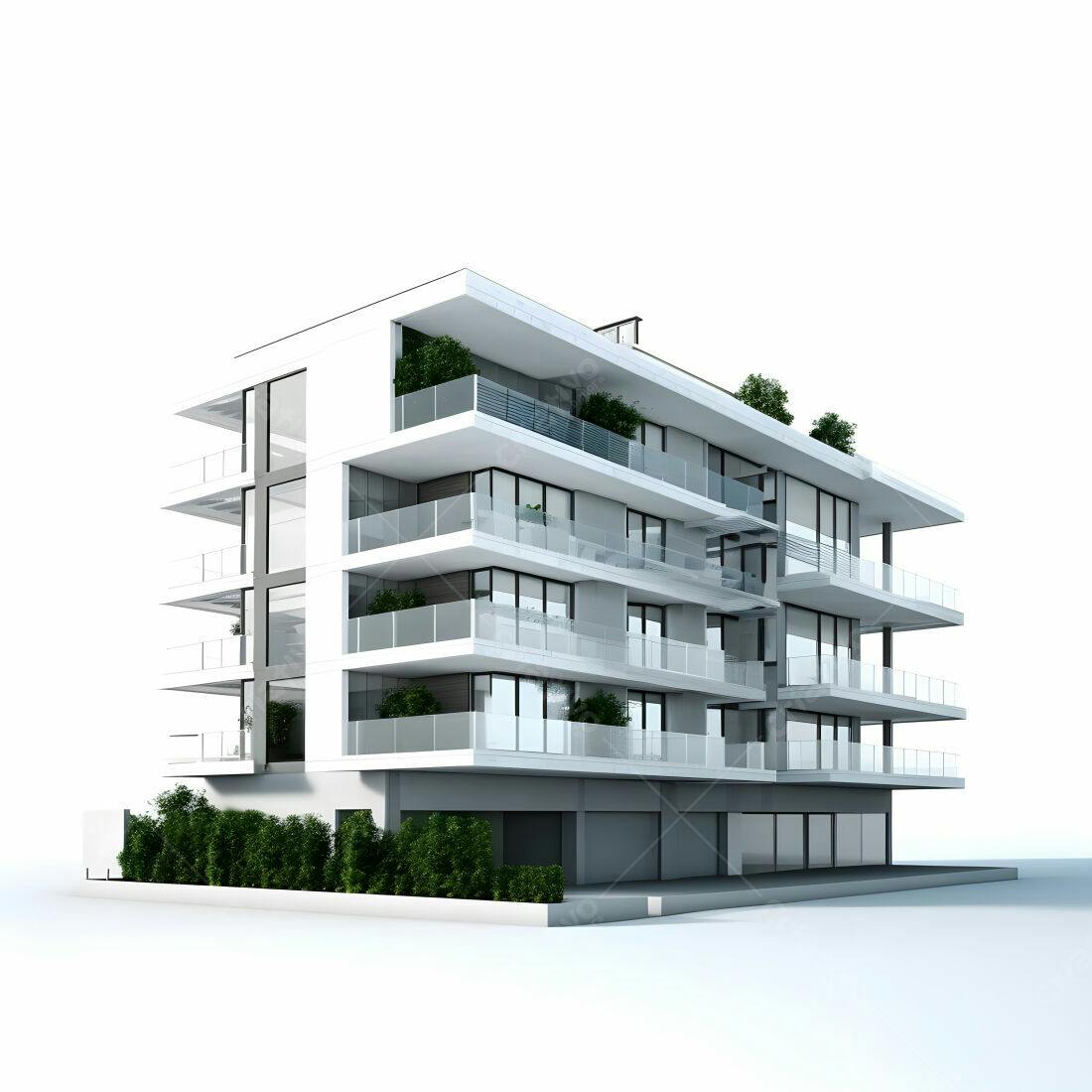 Prédio moderno branco com varandas e jardins