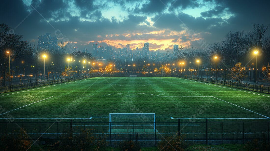 Campo de futebol iluminado ao entardecer