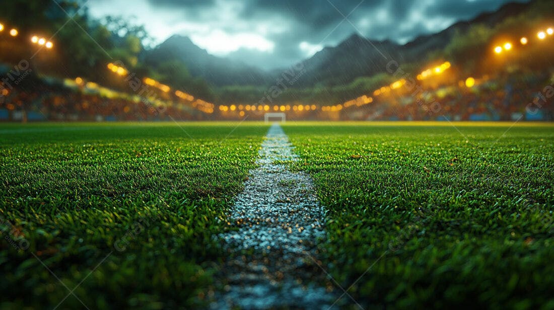 Campo de futebol sob chuva noturna