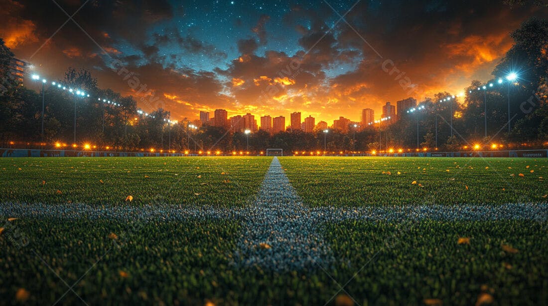 Campo de futebol ao entardecer com cidade ao fundo
