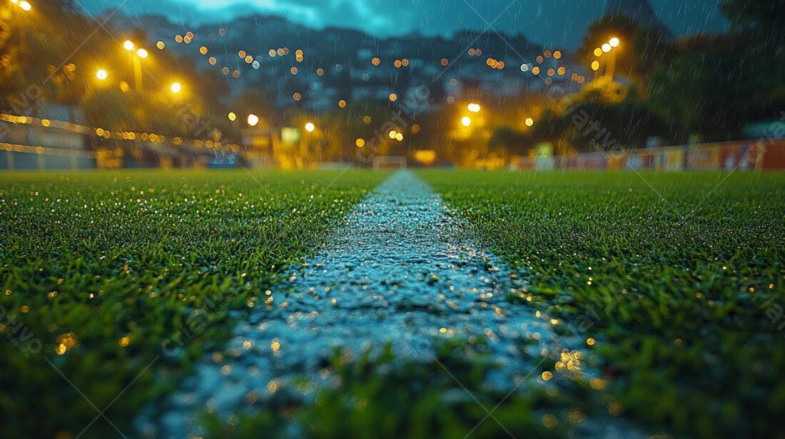 Campo de futebol sob chuva noturna