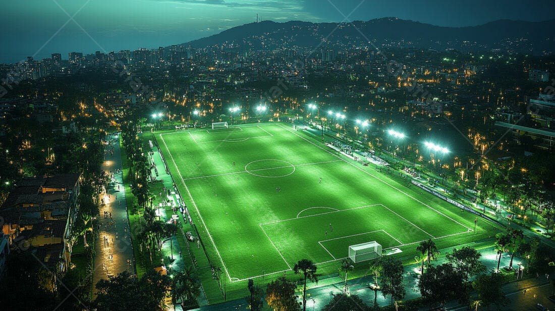 Campo de futebol iluminado à noite cidade ao fundo