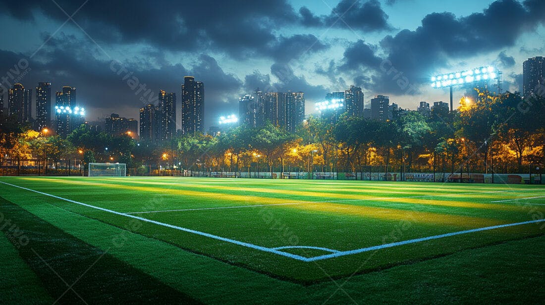 Campo de futebol noturno cidade iluminada