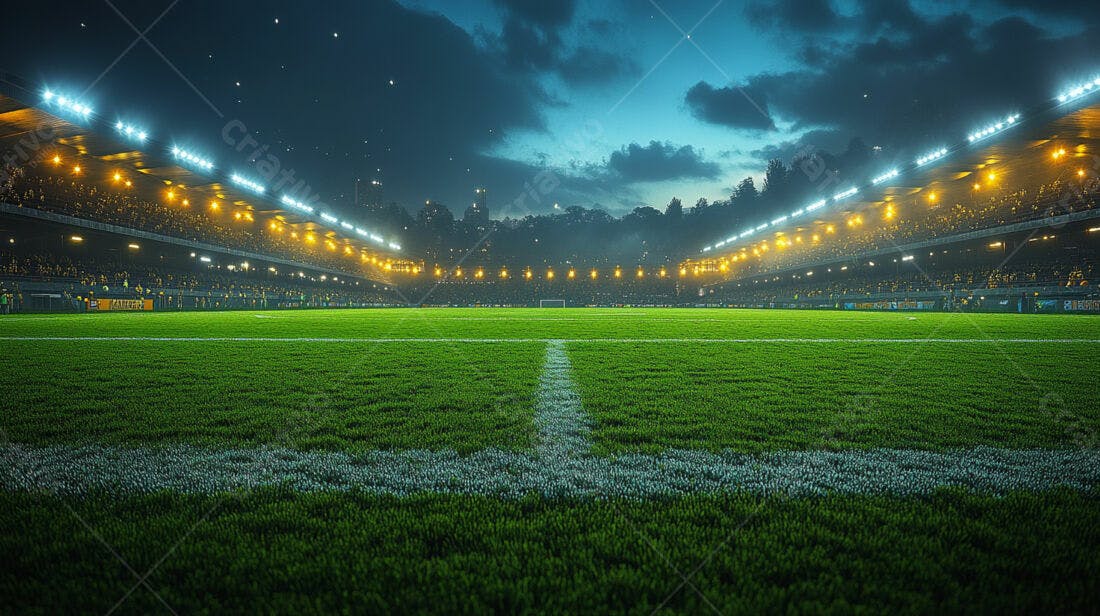 Estádio de futebol noturno iluminado