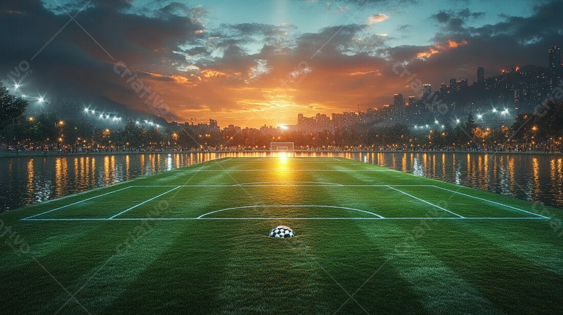 Campo de futebol ao entardecer com cidade ao fundo