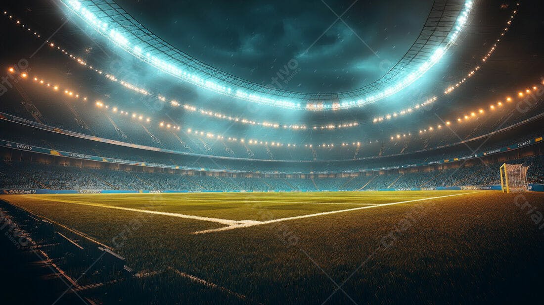 Estádio de futebol sob chuva noturna