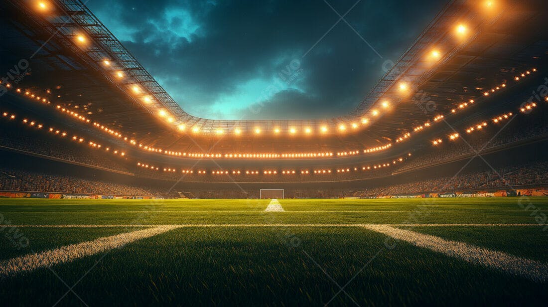 Estádio de futebol noturno iluminado