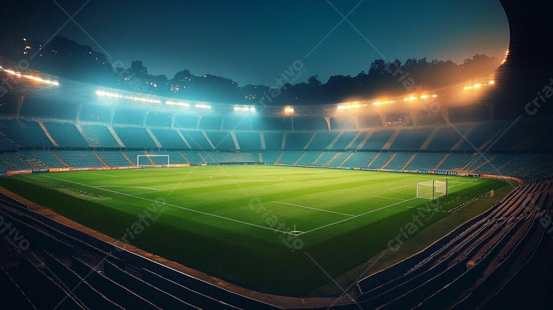 Estádio de futebol noturno iluminado