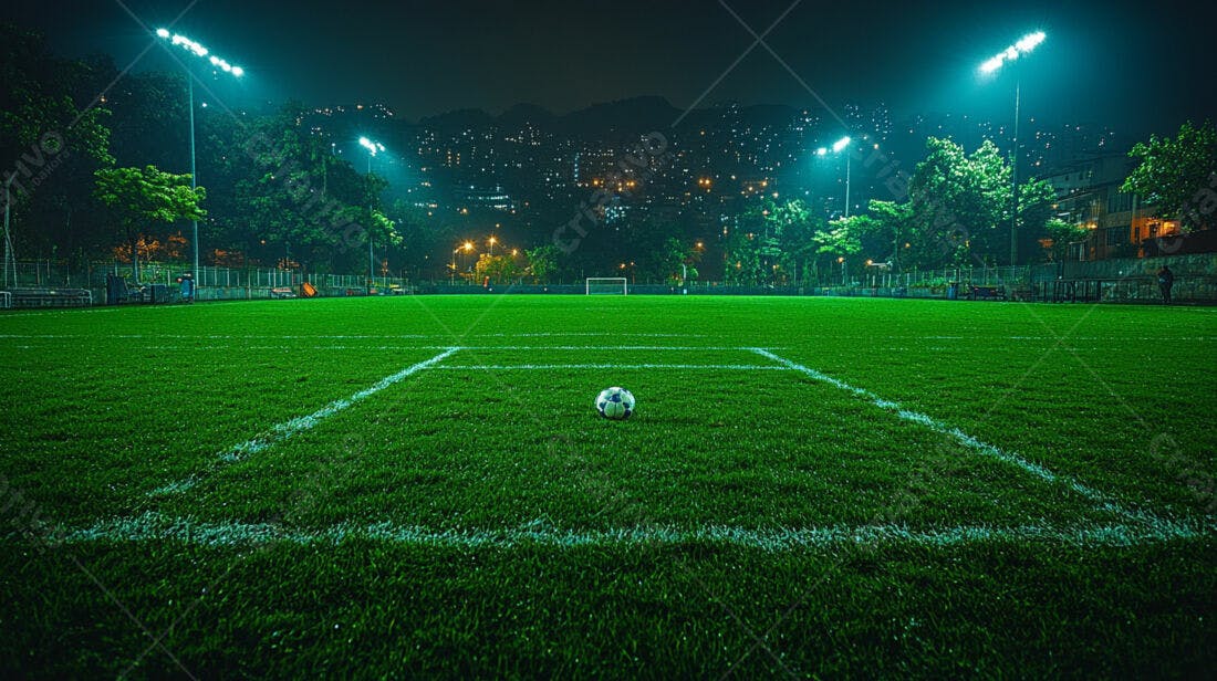 Bola de futebol em campo noturno