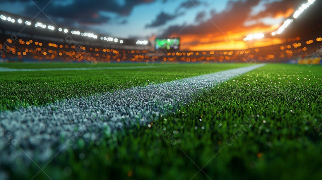 Gramado de futebol ao entardecer