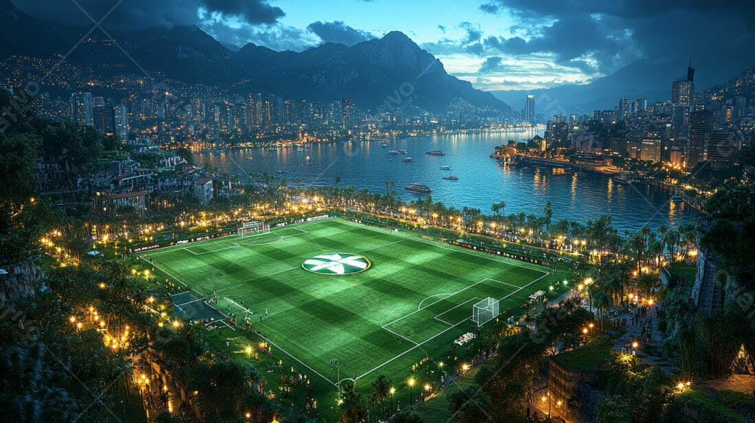 Campo de futebol noturno com vista para cidade iluminada