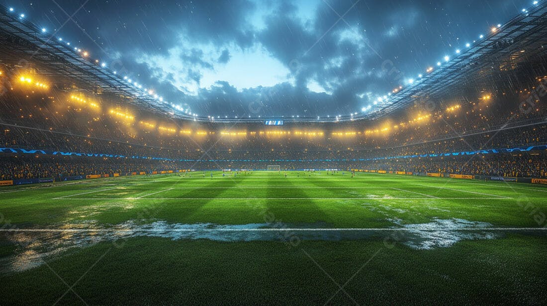 Estádio de futebol sob chuva noturna