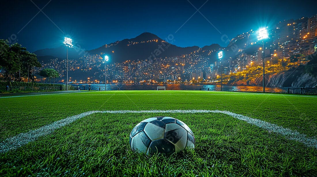 Bola de futebol em campo noturno com vista para cidade