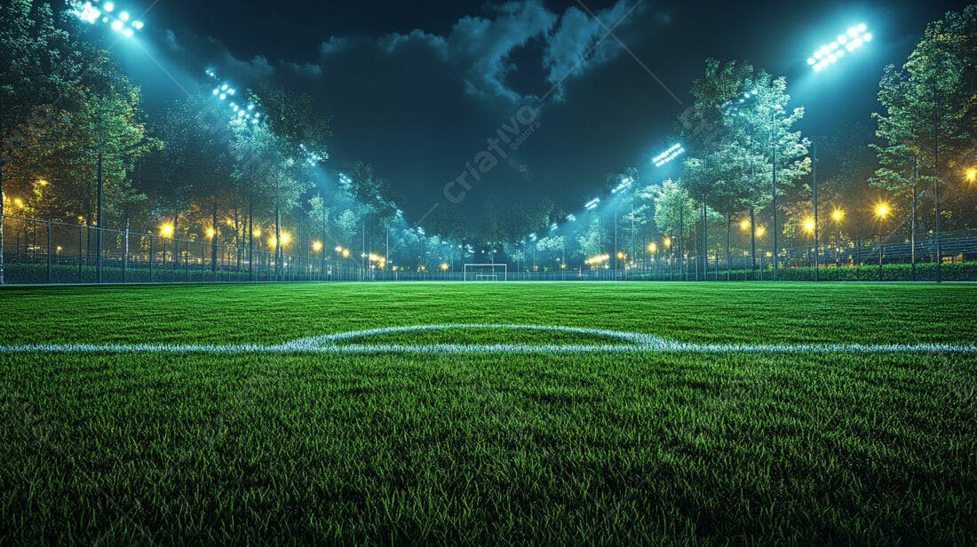 Campo de futebol noturno iluminado
