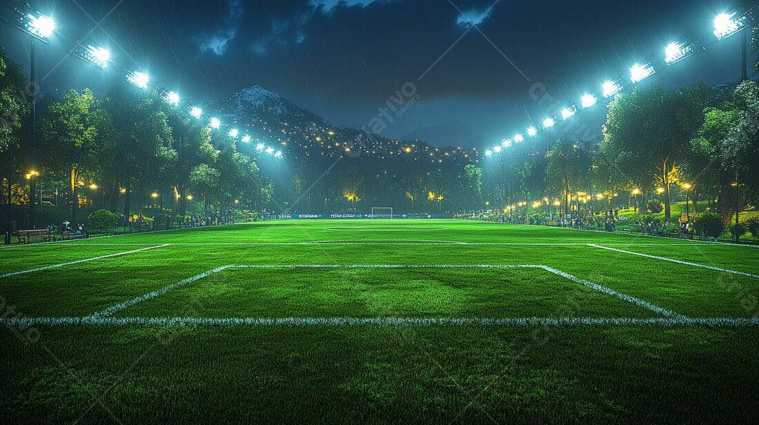 Campo de futebol noturno iluminado
