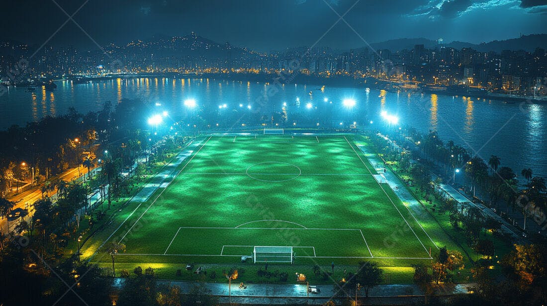 Campo de futebol iluminado à noite cidade ao fundo