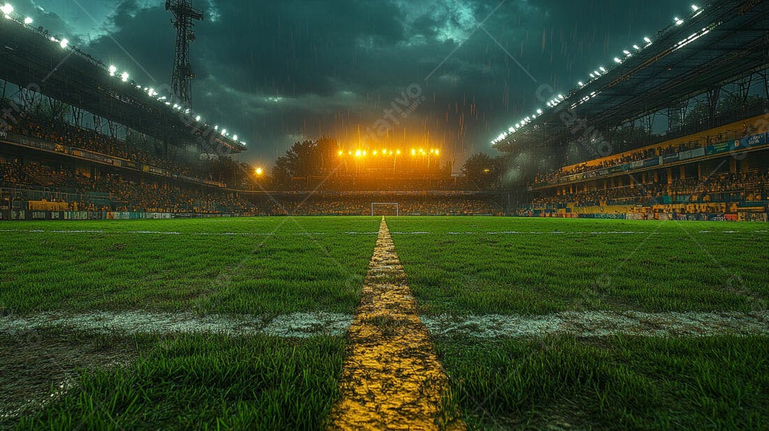 Campo de futebol sob chuva noturna