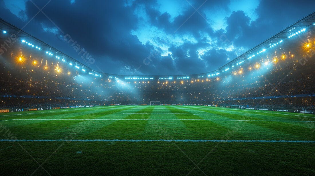 Estádio de futebol noturno iluminado