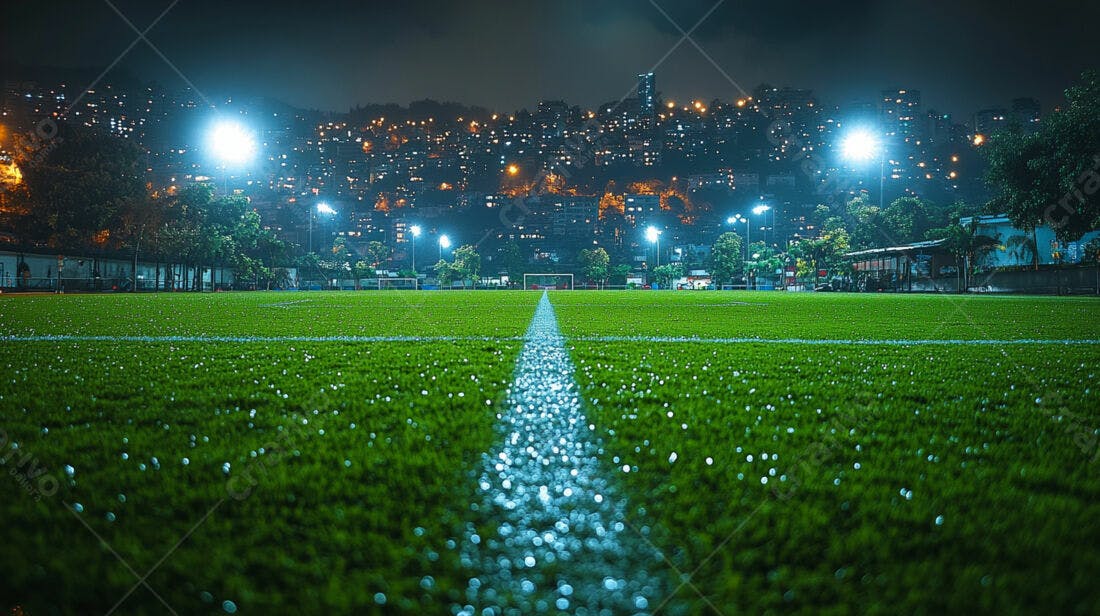 Campo de futebol noturno iluminado