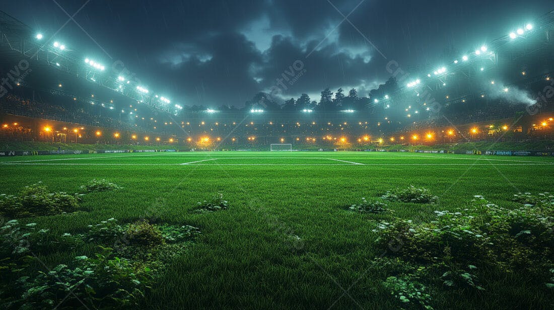 Campo de futebol noturno sob chuva