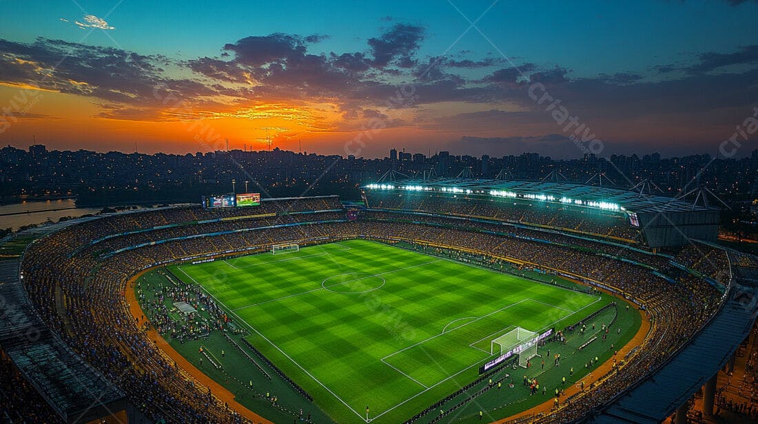 Estádio lotado ao pôr do sol