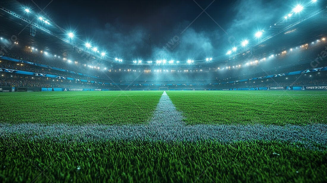 Estádio de futebol noturno iluminado