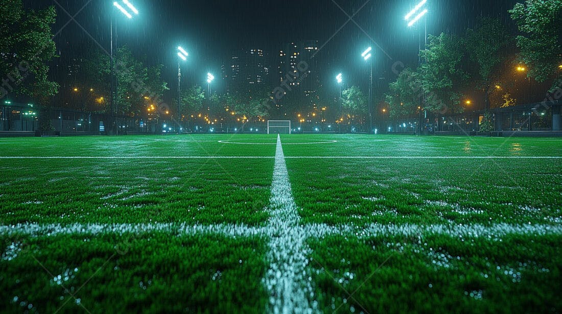 Campo de futebol sob chuva noturna