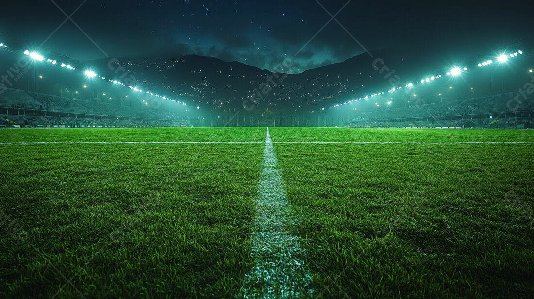 Campo de futebol noturno iluminado