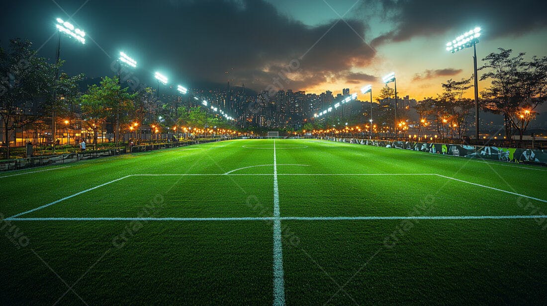 Campo de futebol iluminado ao entardecer