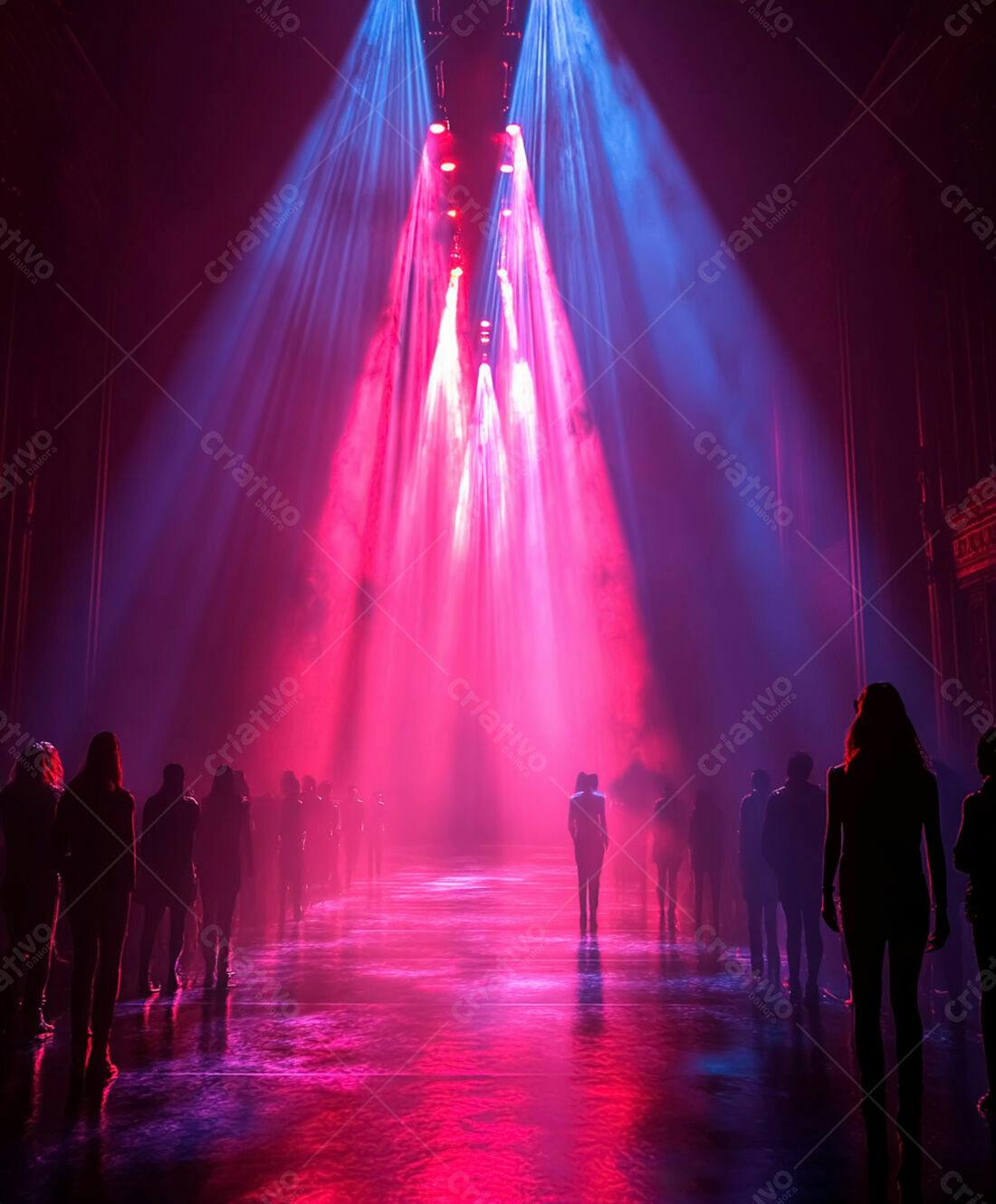 Silhuetas em Passarela Iluminada Rosa e Azul