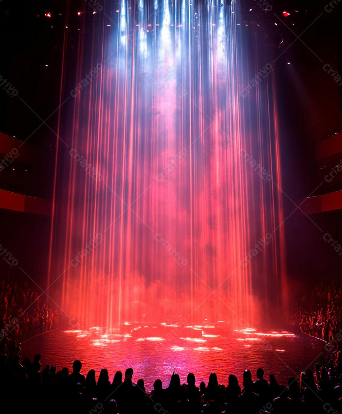 Show aquático com iluminação vermelha e azul