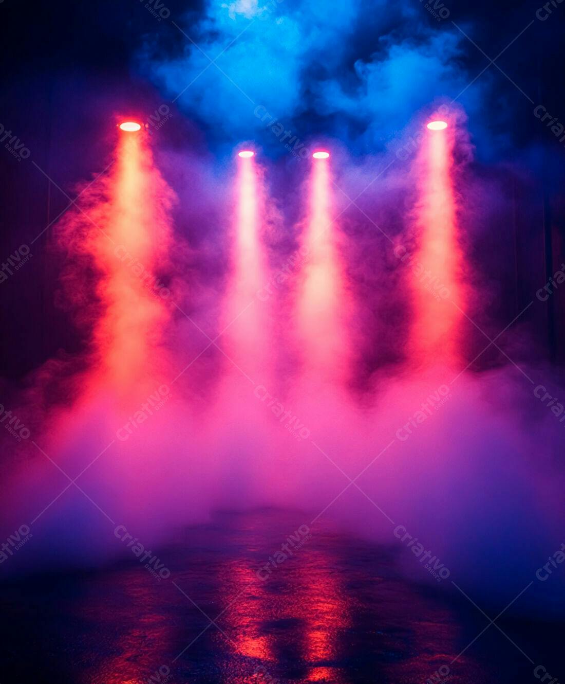 Palco com luzes rosa e azul em névoa