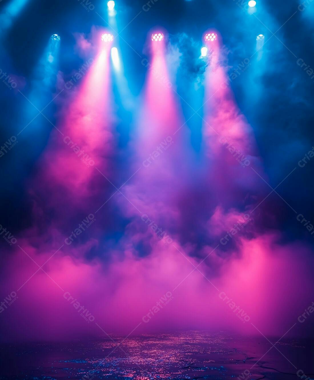 Palco com luzes rosa e azul sobre cidade noturna