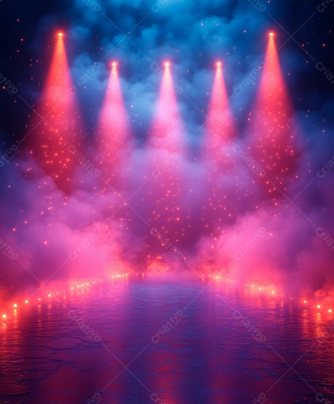 Palco com luzes rosa e azul em névoa