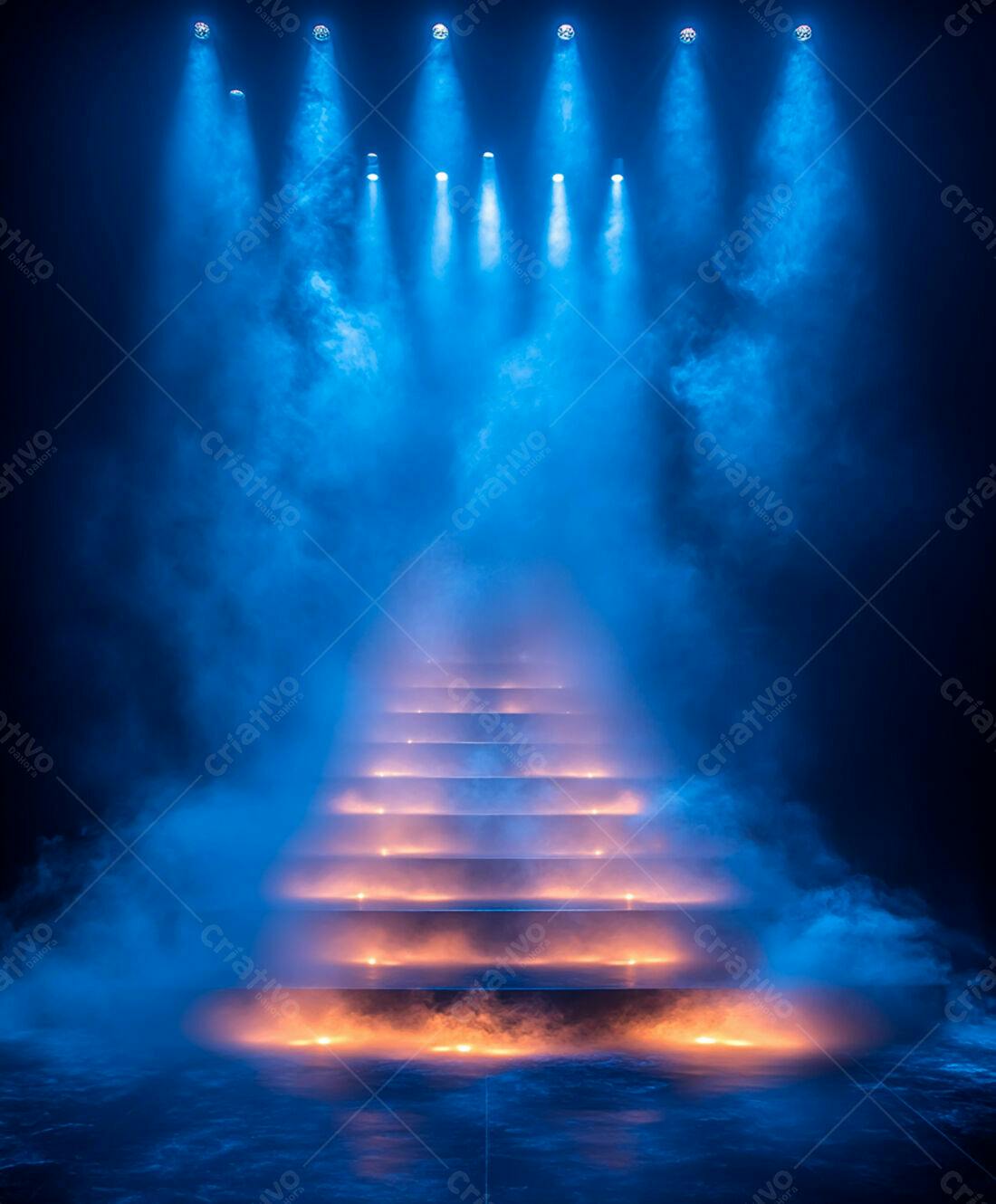 Escada iluminada em palco com névoa azul