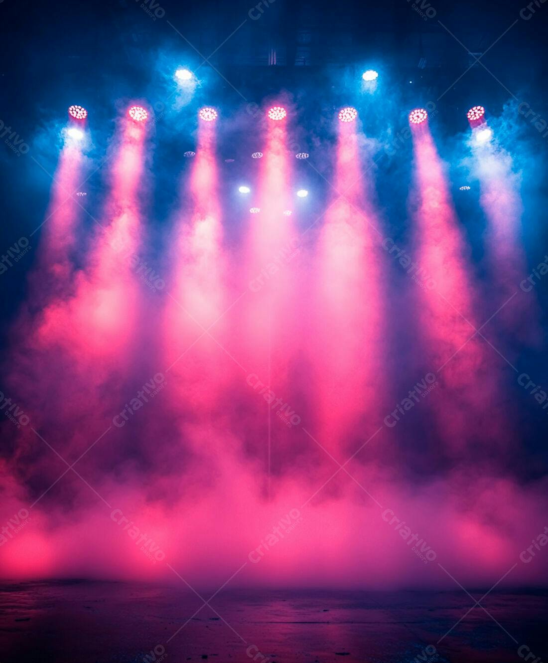 Palco com luzes rosa e azuis em névoa