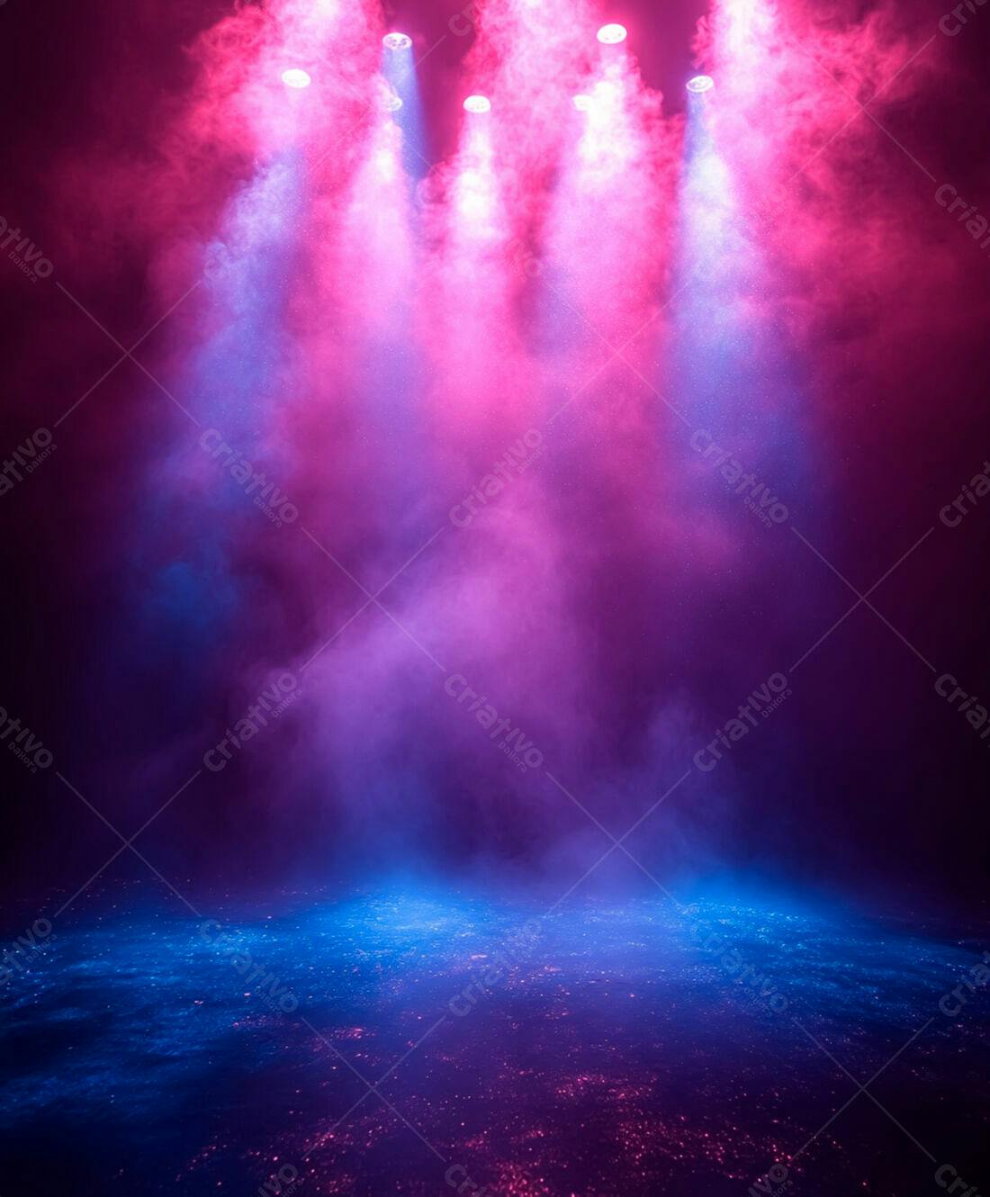 Palco iluminado com névoa rosa e azul