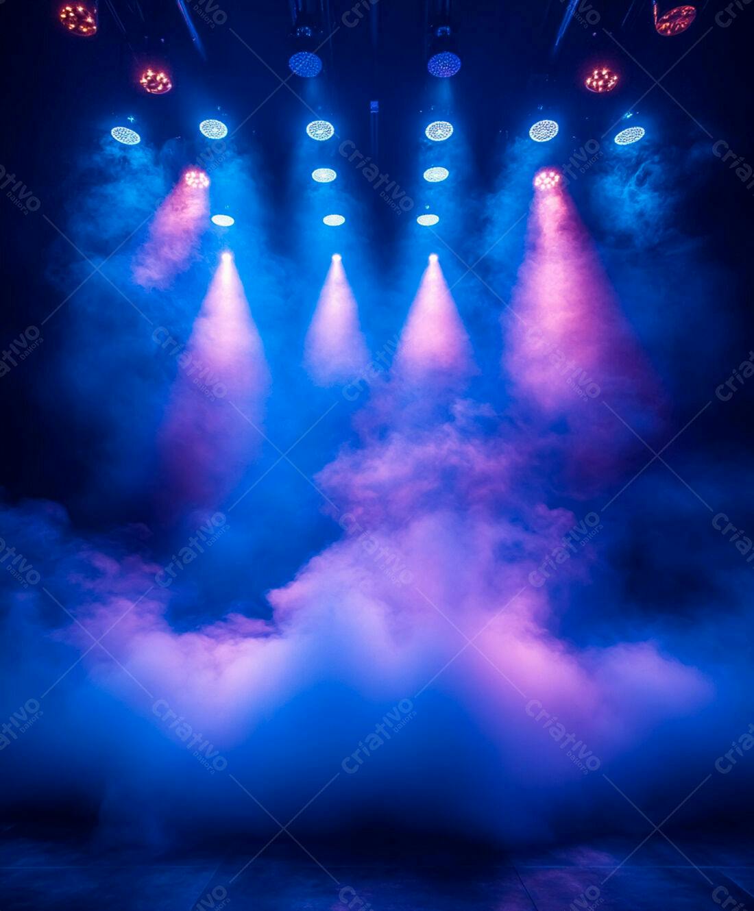 Palco com luzes azuis e rosa em névoa